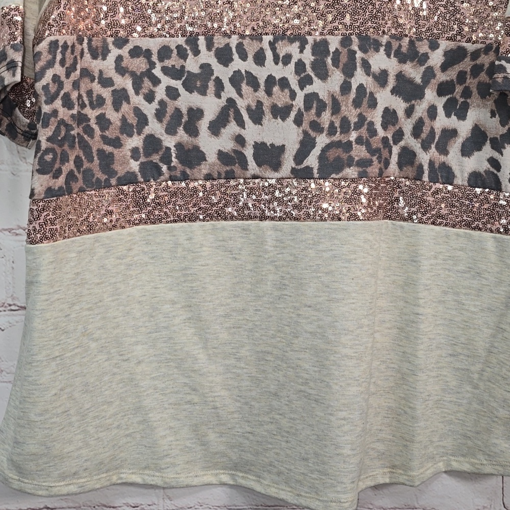Glitzy Girlz Leopard & Sequins Rose Gold Sparkle Oatmeal Short Sleeve Size 3x - Picture 4 of 9